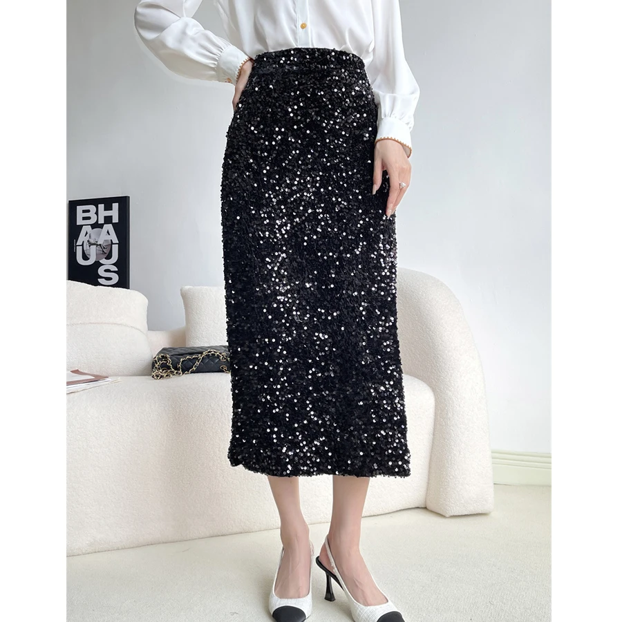 2024 New Arrival Women's Elegant A-Line Sequines Long Skirt High Waist Satin Skirt Femme Faldas Jupe Saia Spring Maxi Skirt