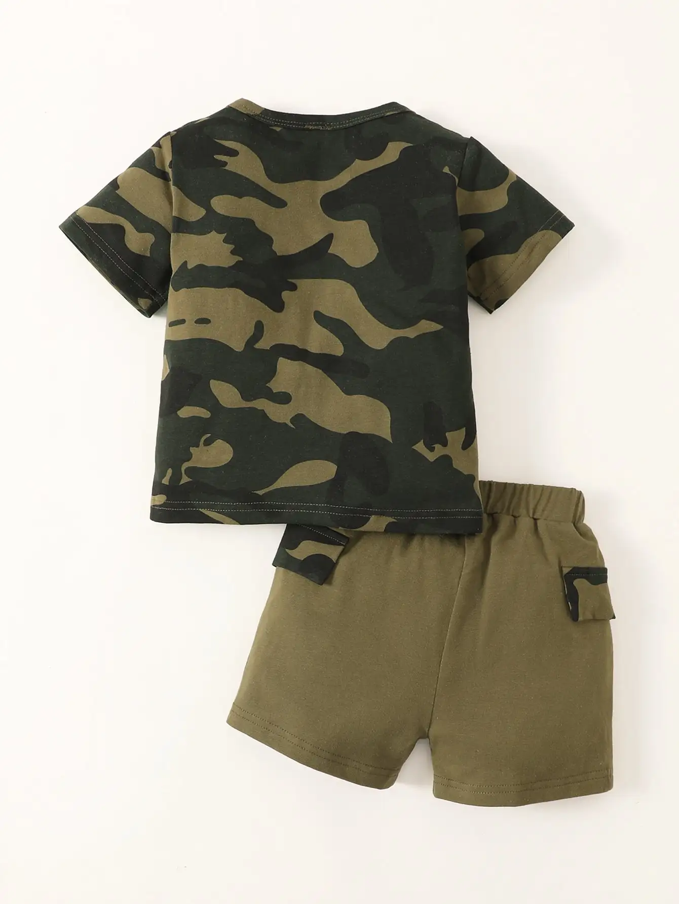 Summer Lively Boy Baby Daily Suit Crewneck Short-Sleeved Camouflage T-Shirt Top Army Green Elastic Waist Shorts Two-Piece Set