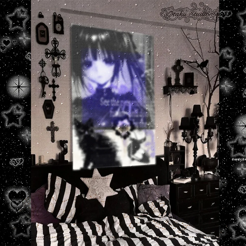 かげろう Dark Grunge Anime Tapestry, Halftone Collage Gothic Girl Wall Hanging, Glitch Black Cat Butterfly Print Decor for Bedroom D