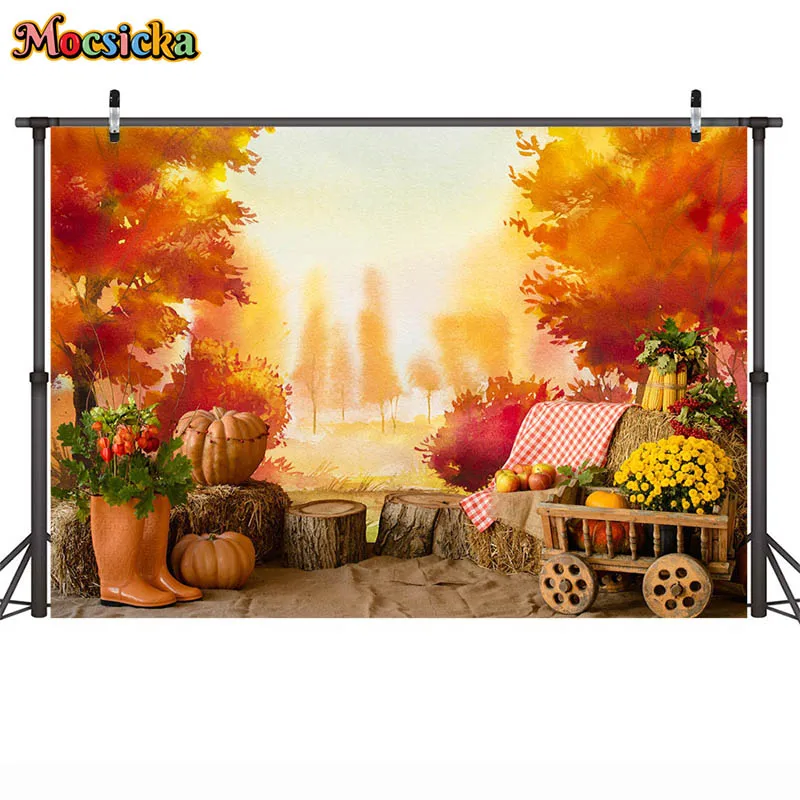 Autumn Photography Background Fall Maple Forest Leaves Pumpkin Thanksgiving Party Backdrop Decor Supplies Harvest Event Banner