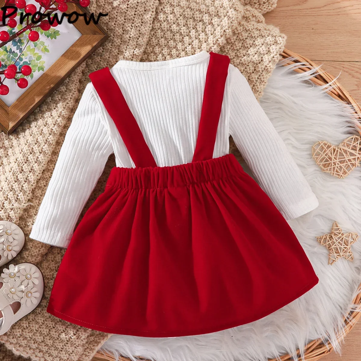 Prowow Newborn Baby Dresses Christmas Ribbed Knit Romper and Red Velvet Overalls Dress For Infants My First New Year Costume