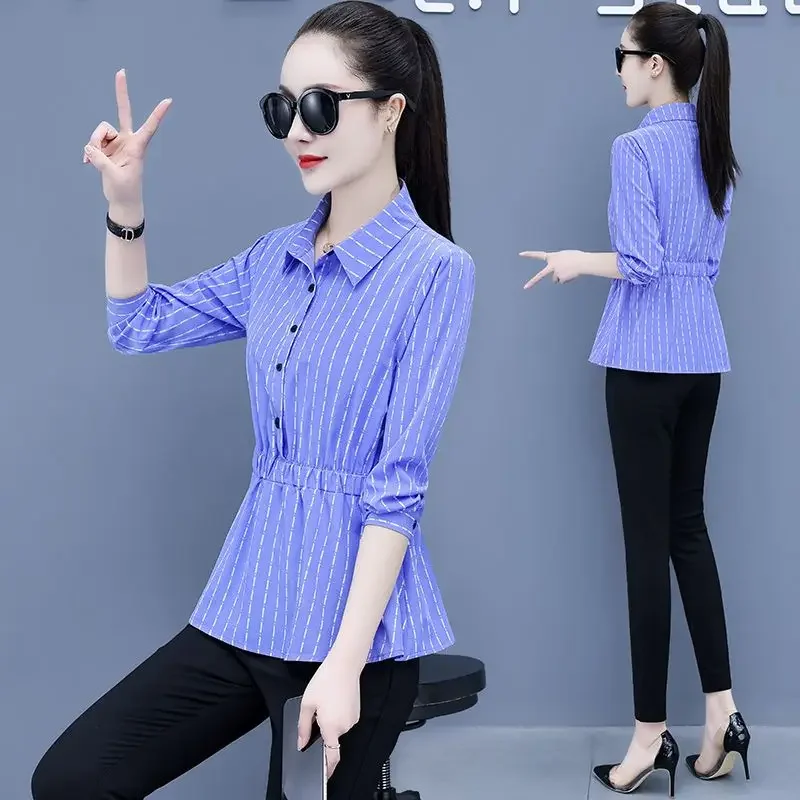 

Spring Autumn New Women's Striped Shirt Loose Long Sleeved Bottoming Blouse Versatile Slim Waist Elastic Top