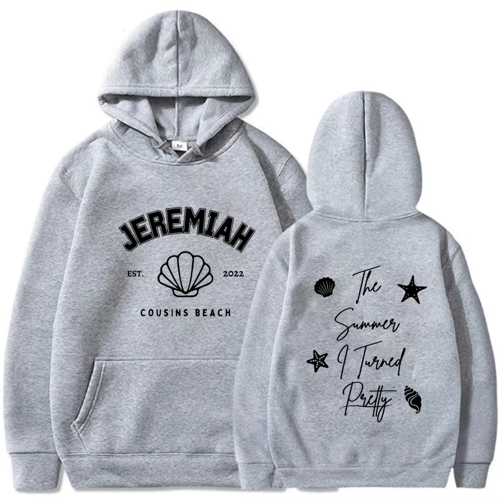 Unisex Beach Theme Hoodie Double‑Sided Seashell Starfish Cursive Letter Print Loose Long Sleeve Casual Street PulloverSweatshirt