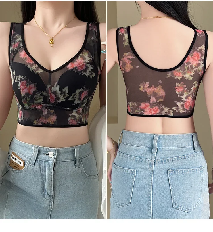 Sujetador de talla grande con copas fijas, inalámbrico, transpirable, fino, estilo chaleco de una pieza para personas de mediana edad y mayores.