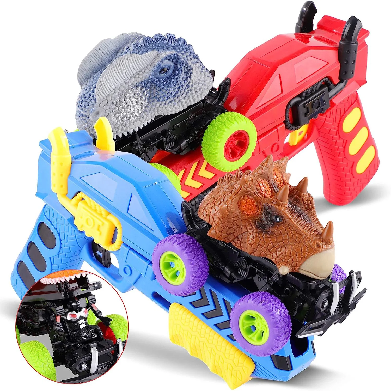 Dinosaur Cars with Toy Gun Ejecting Friction Powered Dino Car Transforming Dinosaur Toys Car Gifts for Boys Girls