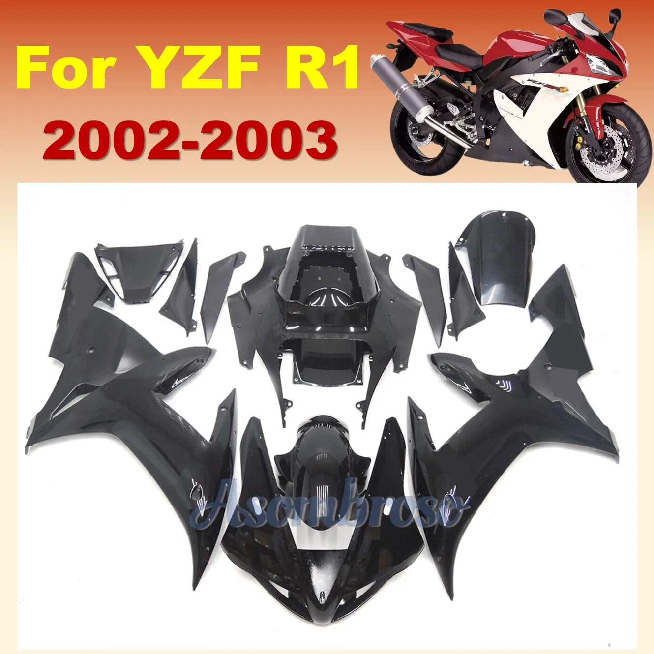 For Yamaha YZF R1 2002 2003 YZFR1 02 03 YZF1000 Black Bodywork Fairing Injection Molding ABS Cowl Body Plastic parts Carenado