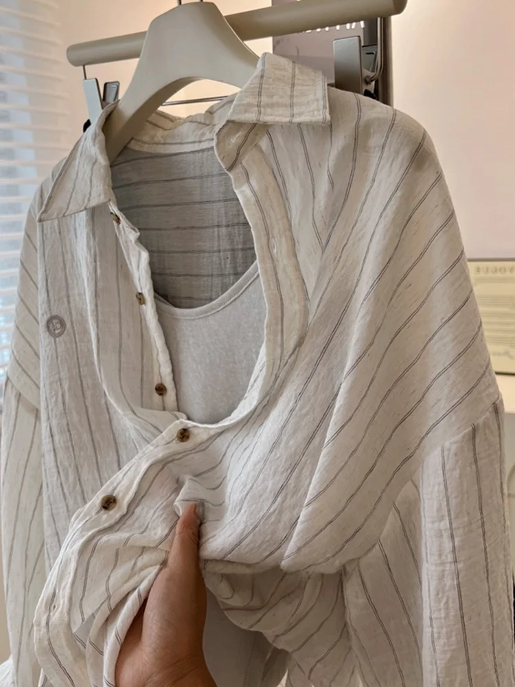 قميص نسائي صيفي فضفاض بأكمام طويلة للحماية من الشمس، ملابس خارجية عصرية، قميص بياقة بولو مخطط مع تفاصيل أزرار، مقاس عادي #3