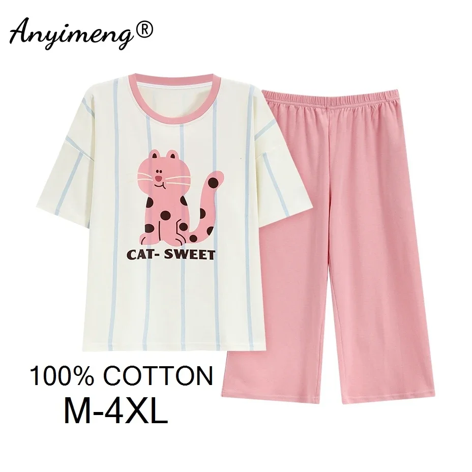 100% Cotton M-4XL Women Pajamas Set Short Sleeve Knee-length Pants Nightwear Capris Loungewear Cartoon Pijama Summer Sleepwear