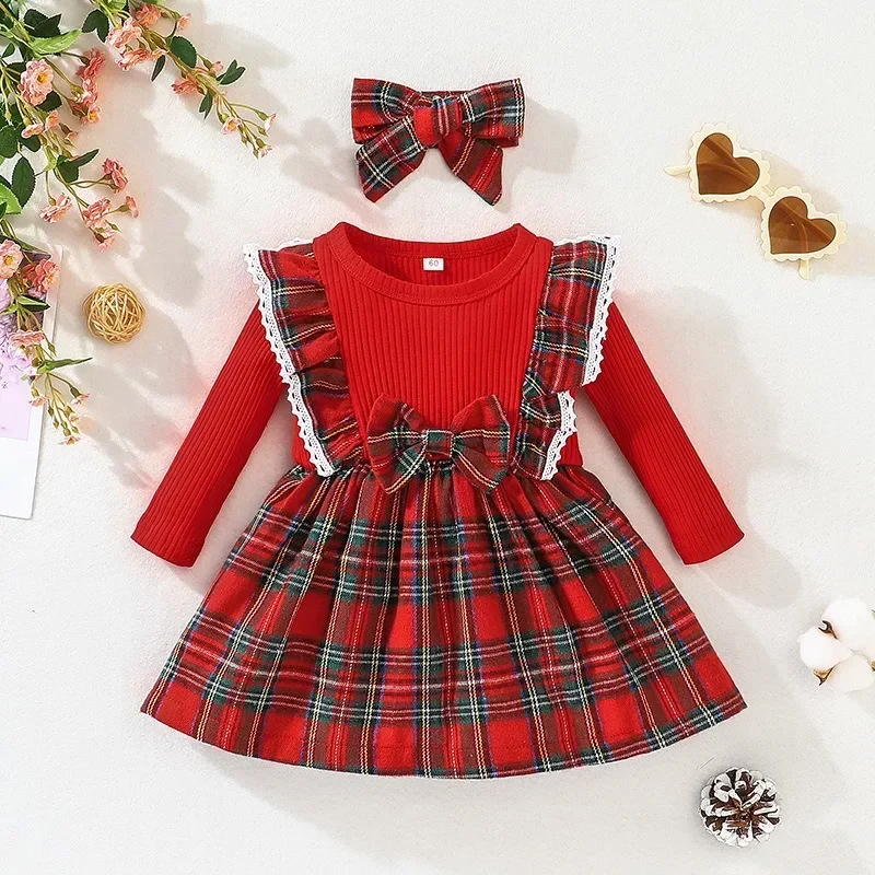 Dress for Kids 3 Months - 3 Years Old Style Fashion Long Sleeve Christmas Red Grid Princess Formal Dresses Ootd for Baby Girl