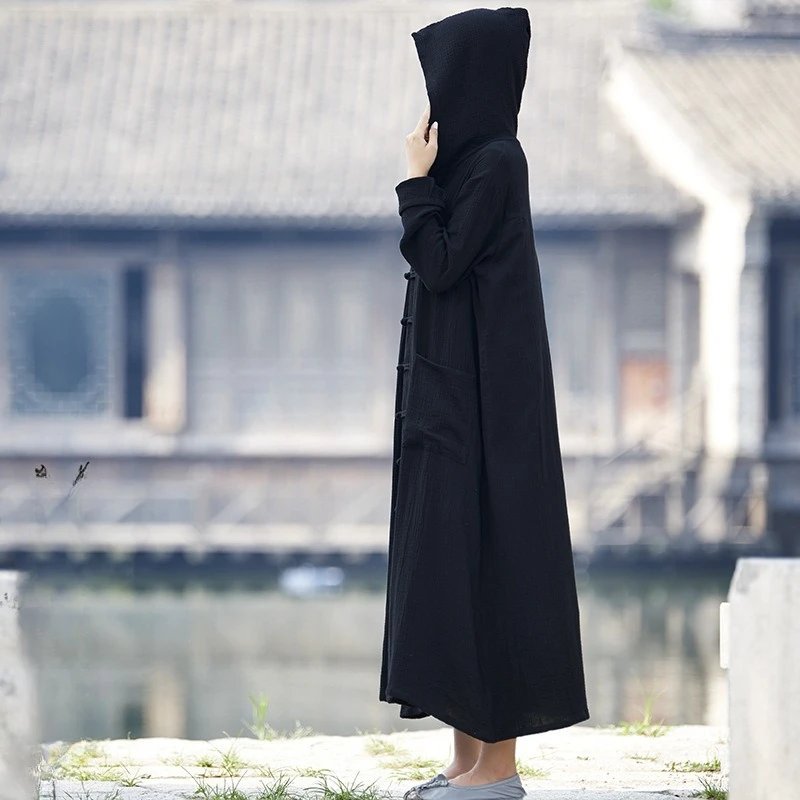Spring Summer Cotton Linen Women's Clothing New Retro Harajuku Hooded Trench Coat Lightweight Long Robe Cape Outerwear Jacket