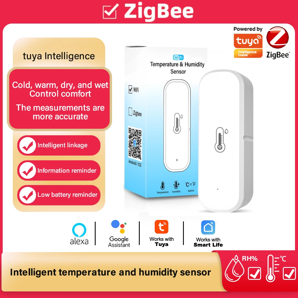 

Датчик температуры и влажности Tuya ZigBee/WiFi, датчик влажности в помещении, питание от батареи, поддержка мониторинга через приложение Alexa Google Home