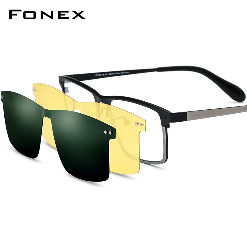 FONEX Titanium Glasses Frame Men 2024 New Square Magnet Clip Eyeglasses with Night Vision & Polarized Lens F85776