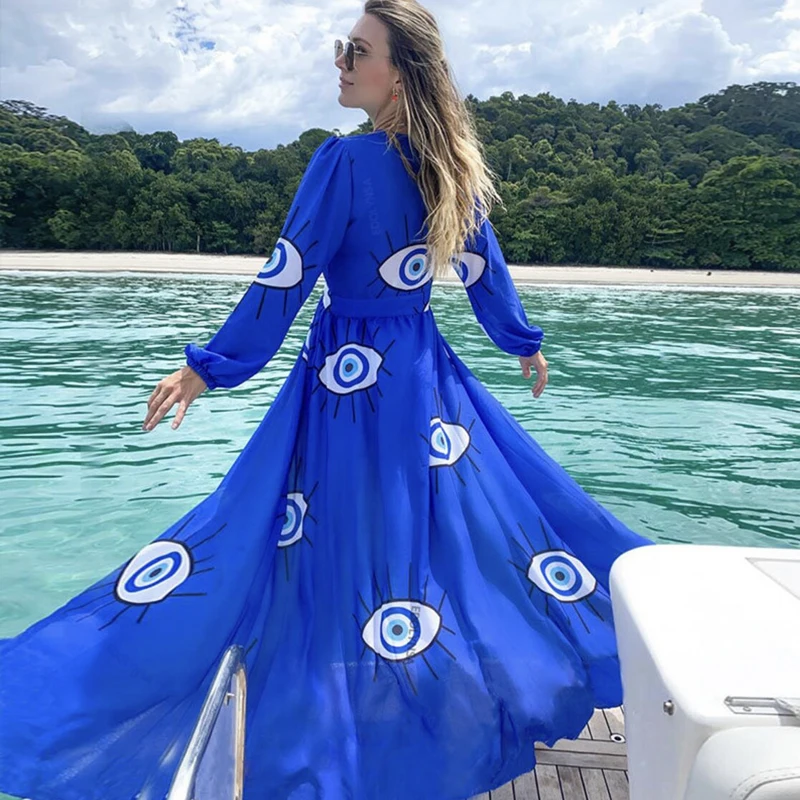 Turkish Evil Eye Print Coat Gorgeous A Shape Flowy Dresses Overcoat with Button Multi Function Beach Cover Ups Tunic Long Kimono