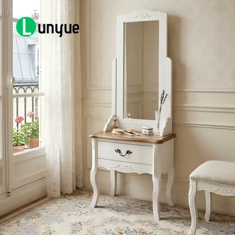 Traditional European Antique Solid Wood Oak Birch Handmade Full Length Mirror Storage Cabinet with Drawers Rotary Design