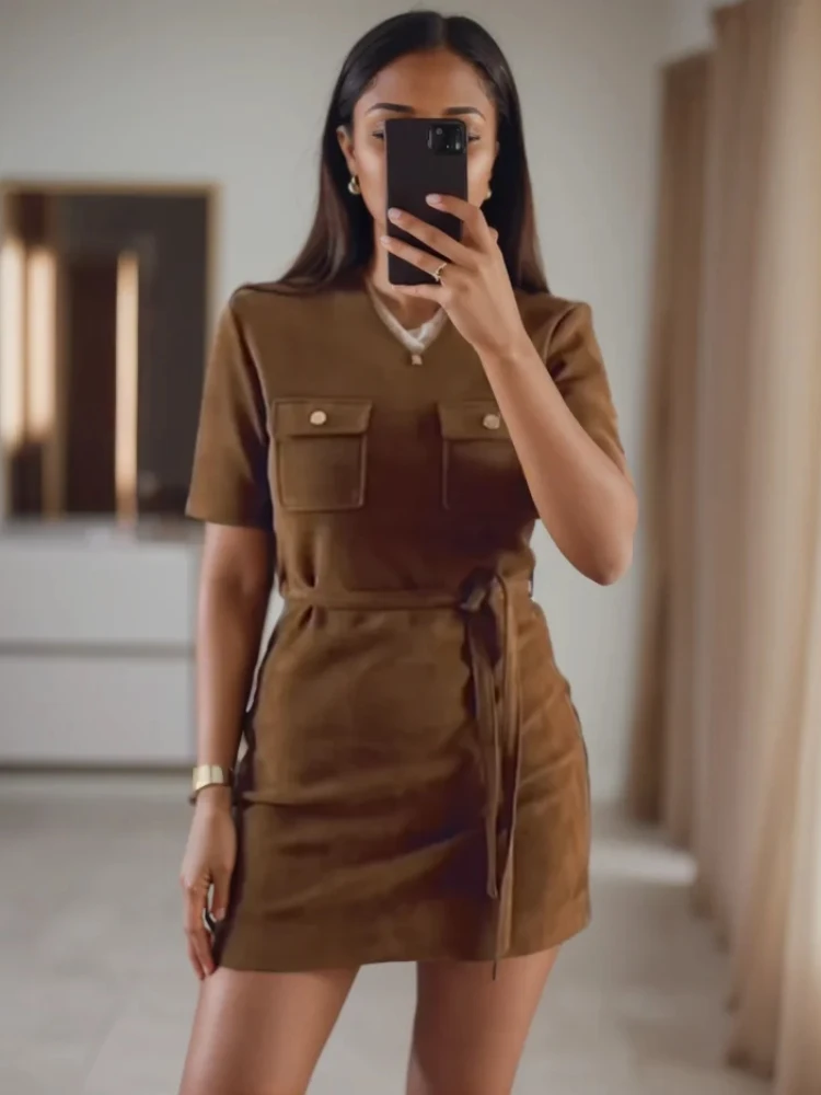 

New Fashion Casual Short Pocket Dress 2025 Spring Women Pleated Decorative Print Mini Dress Women Elegant Suede with Belt Dress