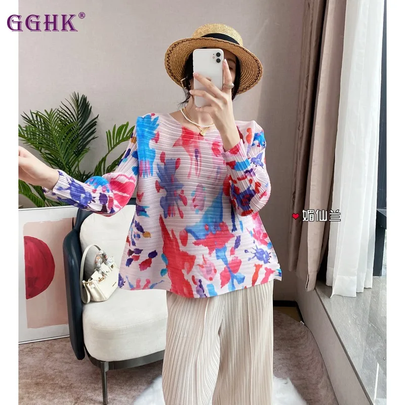 

GGHK Pleated Loose Fit Plus Size Printed Blouse Women Long Sleeve 2026 Spring New Arrival Versatile Fashion Casual Women T-Shirt