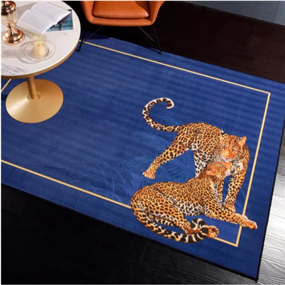 Light Luxury Carpet Tiger Leopard Printing Carved Velvet Room Rug Thick Blue Orange Living Room Rug Bedside Floor Table Mat