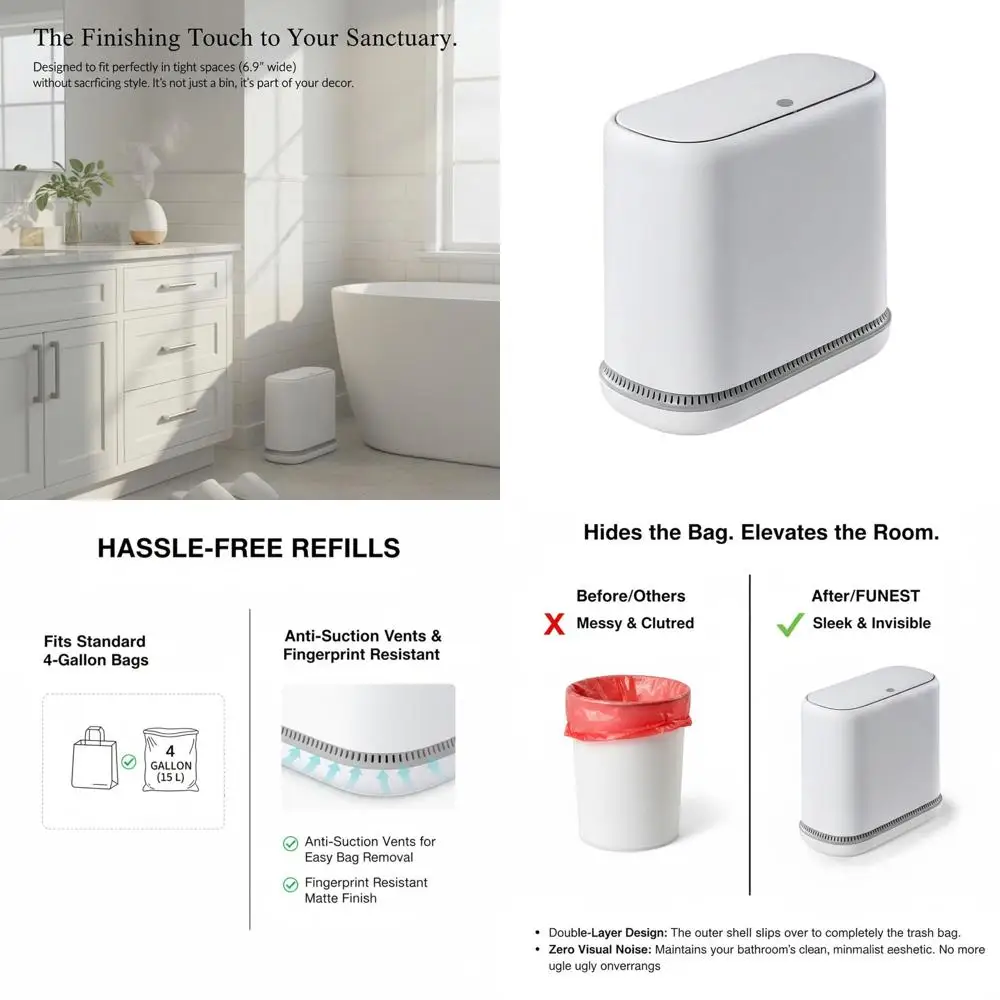 

Slim 3-Gallon Locking Trash Bin for Compact Spaces: Ideal for Bathroom, Kitchen, Office, and Bedroom in White