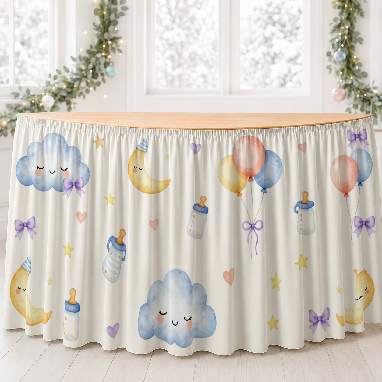 One tablecloth with the pattern of clouds, moon, balloons, bottles, hearts and bows is suitable for restaurants.zyc