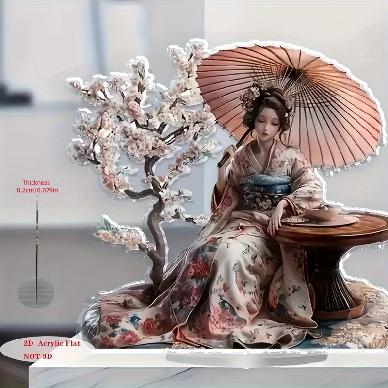 2D Flat, Acrylic Bohemian Japanese Geisha Decoration Statue with Floral Kimono And Pink Umbrella - Traditional Style Desktop Dec