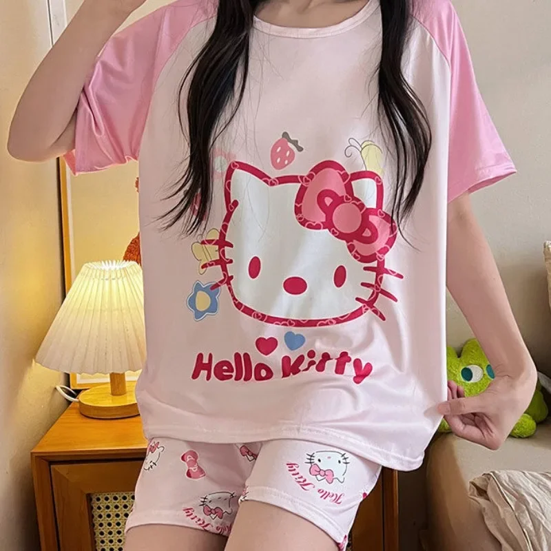 Conjunto de pijamas Kawaii HelloKitty para niñas, ropa de casa de manga corta, dibujos animados, Cinnamoroll Sanrio, se puede usar fuera, verano, tres piezas