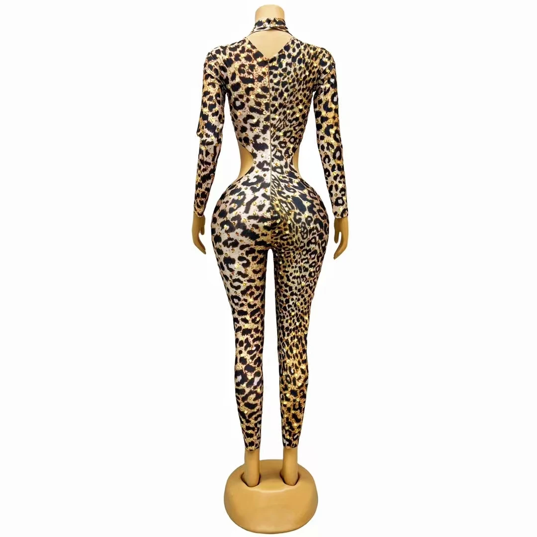 Sexy Leopard Print Crystals Jumpsuit Hollow Waist Rhinestones Nightclub Bar Club Stage Wear Skinny Elastic Performance Clothes