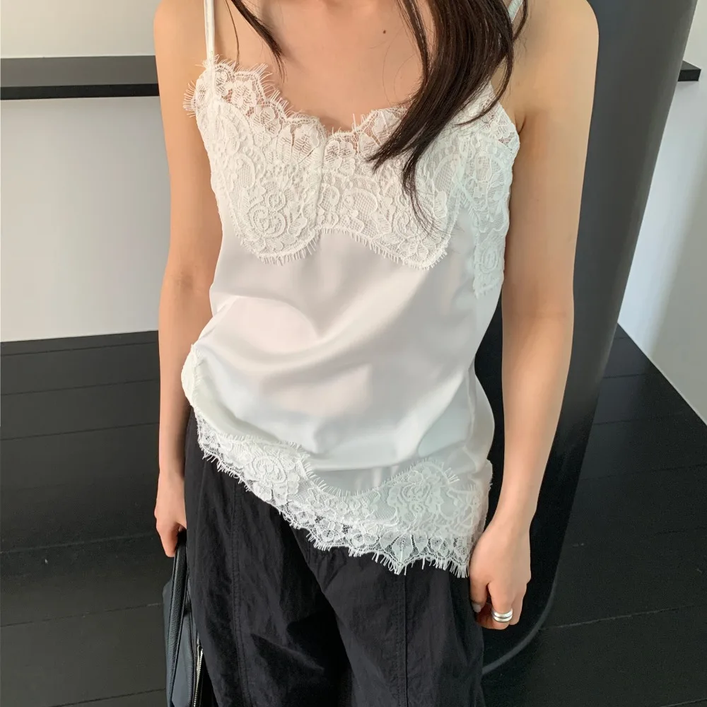 Fashionable Versatile Lace Satin Base Layer Small Strap Top by Nemo Chic Alluring Inner Wear Polyester Fiber Regular Length