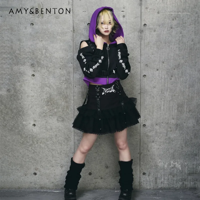 Japanese Harajuku Mine Series Strap Buckle Off-Shoulder Hoodies Women Subculture Gothic Splicing Color Short Sweatshirt Women