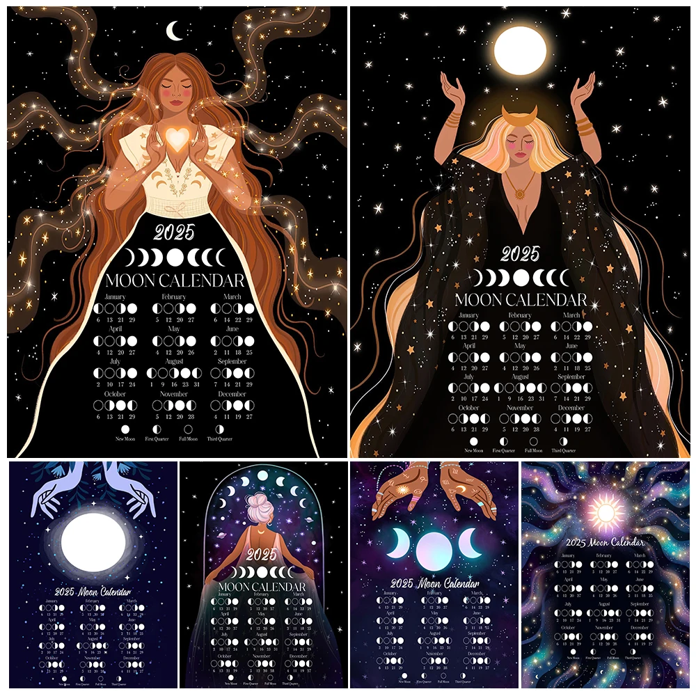 2025 Magic Moon Phases Poster Print,2025 Moon Calendar Decor,Witchcraft Astrology And Fortune Telling Wall Art Canvas Painting