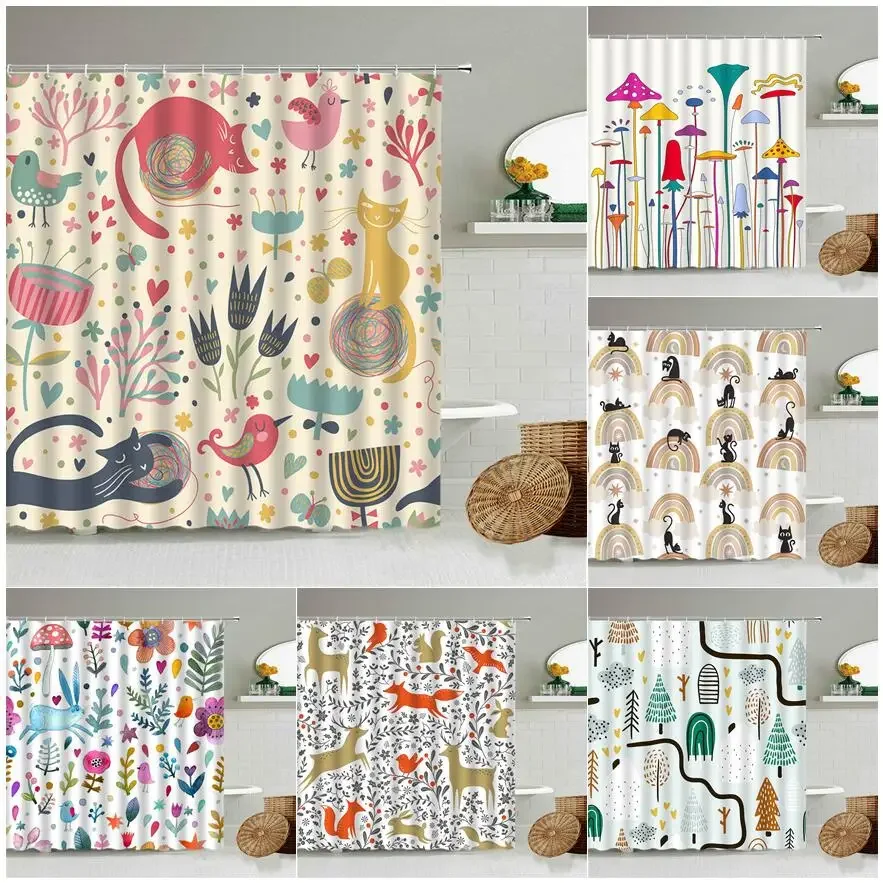 Cartoon Hand-Painted Animal Shower Curtain, Cat, Bird, Rabbit, Plant, Flower, Child Bathroom Decor with Hook, Hanging Screen