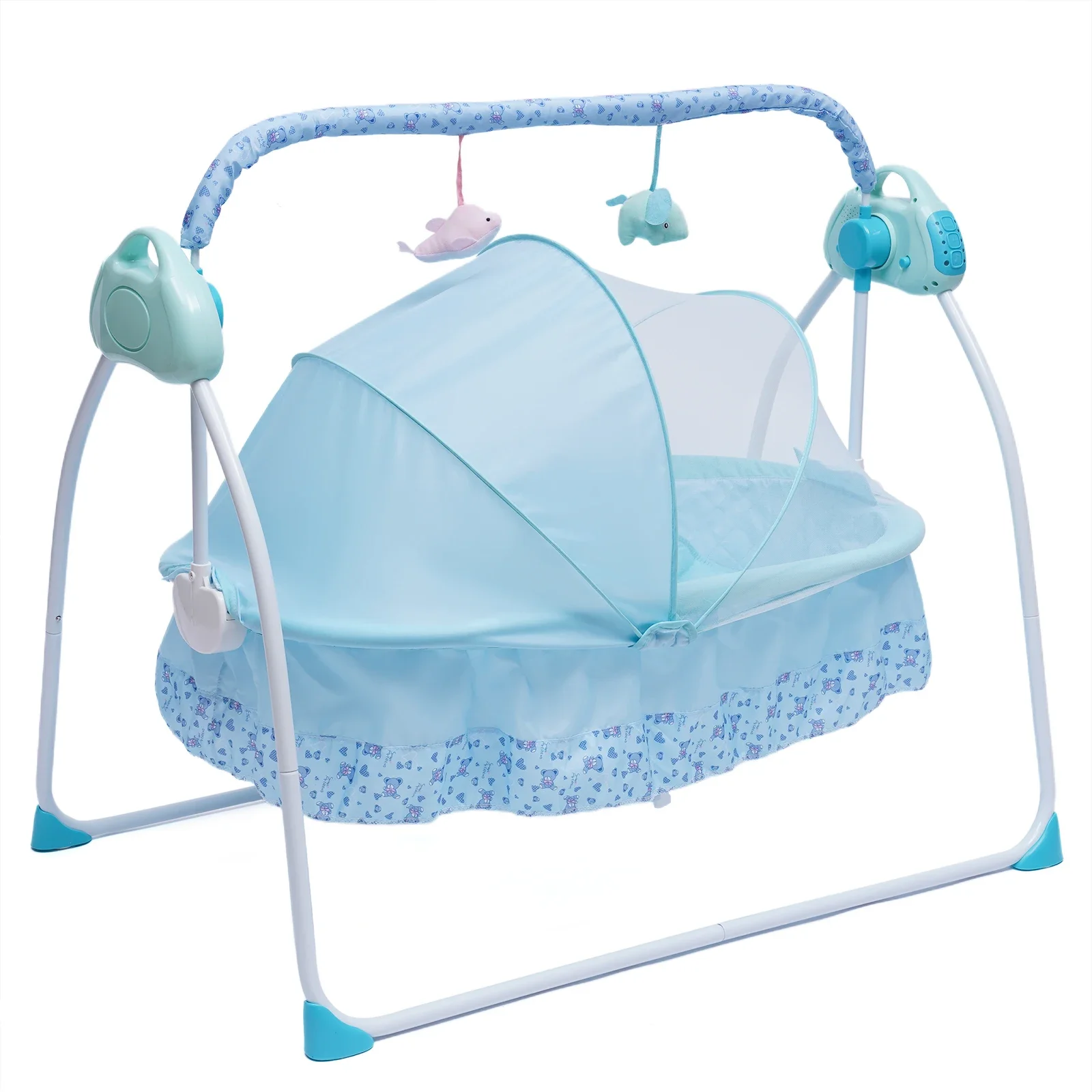 Electric Baby Crib Cradle Auto-Swing Newborn Sleep Bed Infant with Bluetooth blue with Chair+Music+Mat+Net