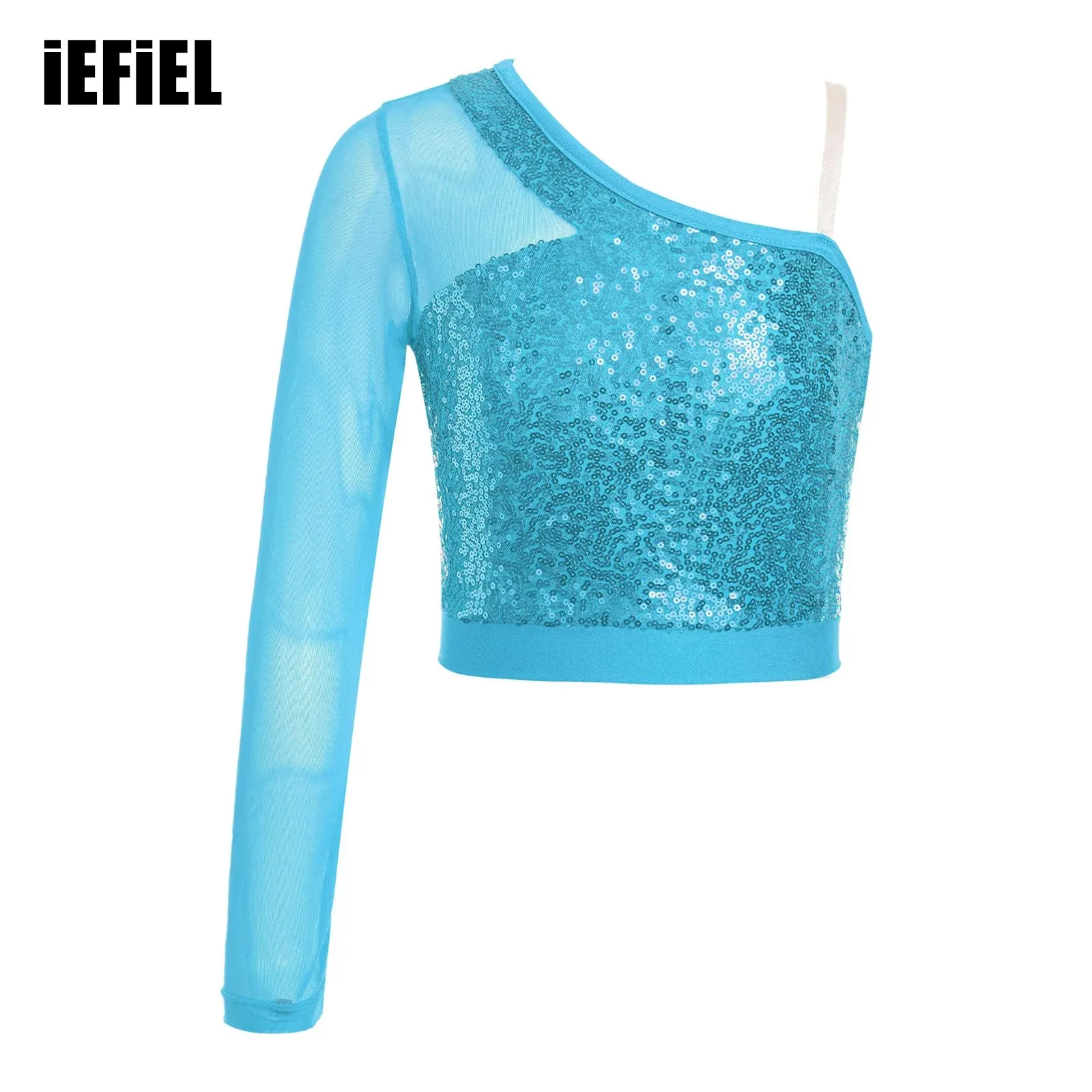 

Kids Girls Sparkly Sequins Dance Top Sheer Mesh Long Sleeve One Shoulder Side Zipper Crop Top for Stage Performance Competition