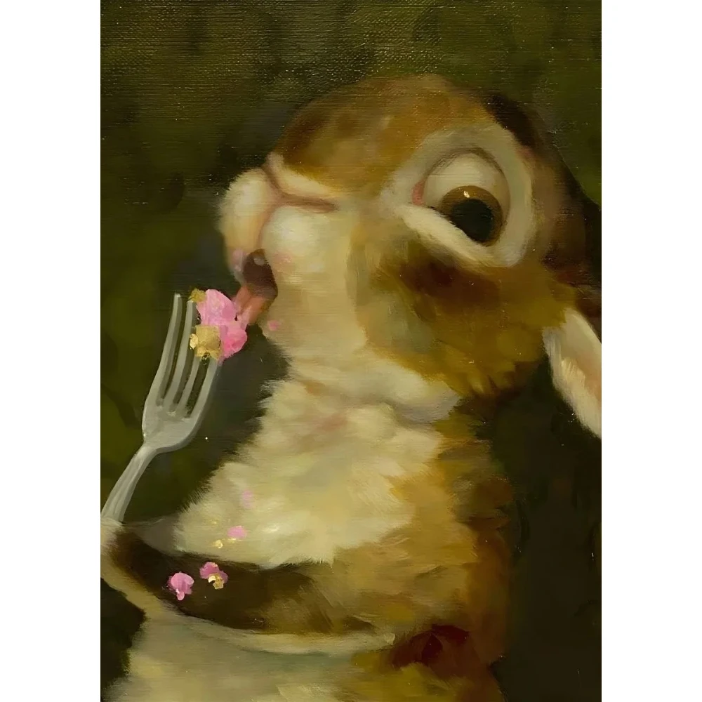 2026 Funny Animals Personify Poster Print Cat Dog Rabbit Hamster Eat Something Canvas Wall Art for Living Room Home De Unframed