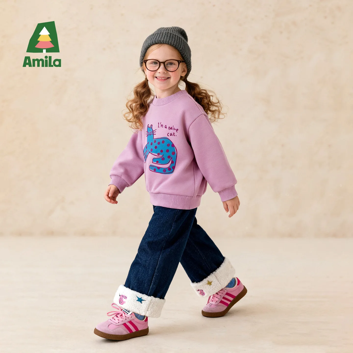 

Зимние бархатные прямые джинсы для девочек Amila Kids 2025 г., теплые и удобные с вышитым внутренним дизайном, игривые и милые