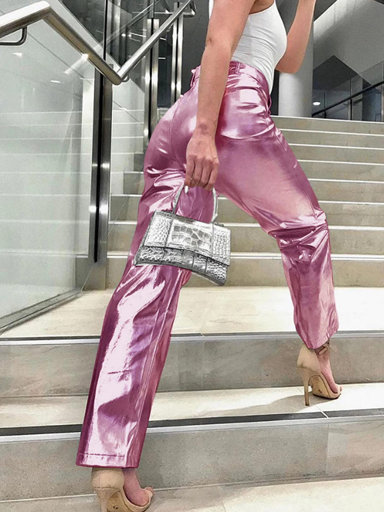 Women\'s High Waisted PU leather pants candy colored casual Clubwear Night Party Long Pants