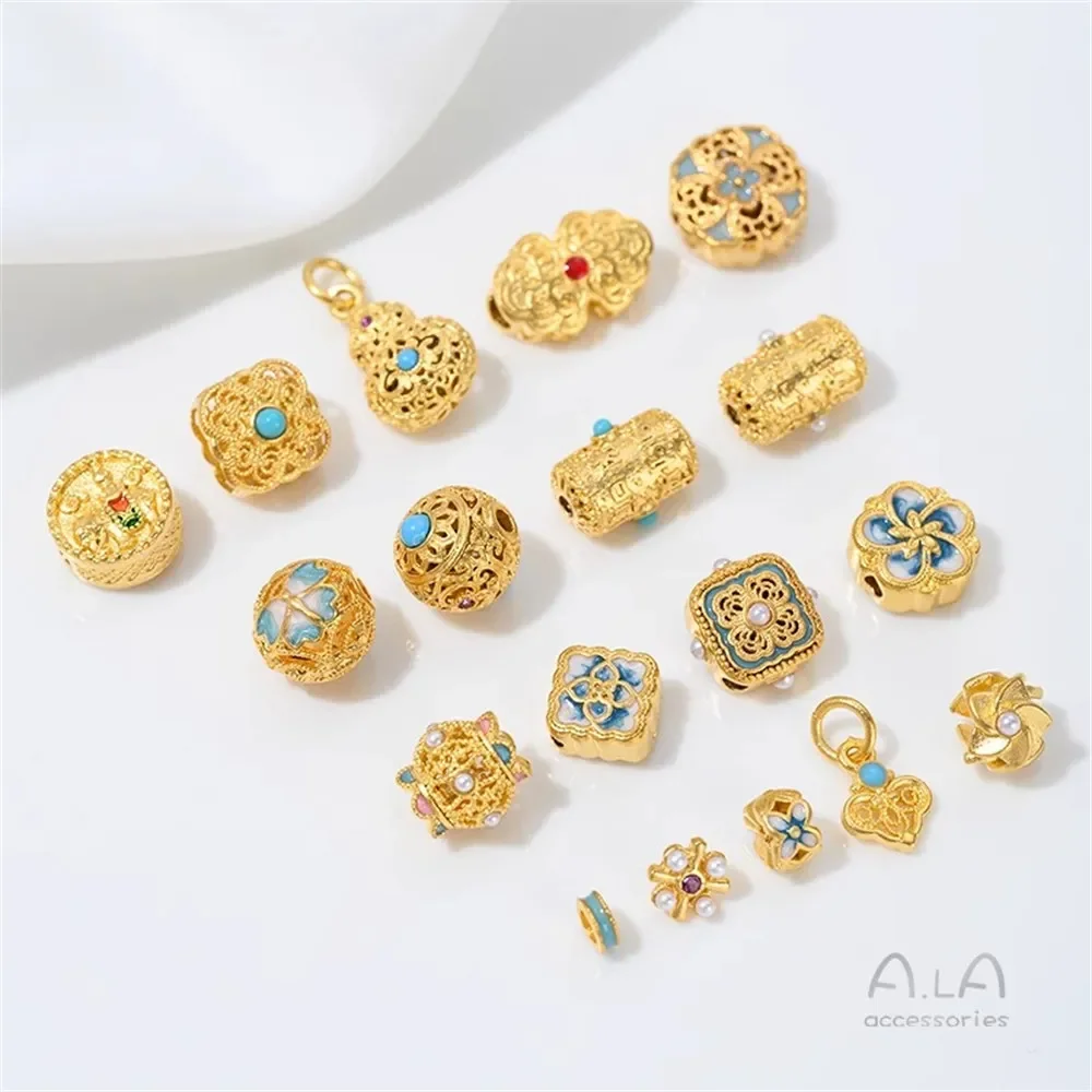Antique Gold Jewelry Sand Gold Enamel Pearl Turquoise Bead Inlay Bucket Pendant Non-Fade Accessories