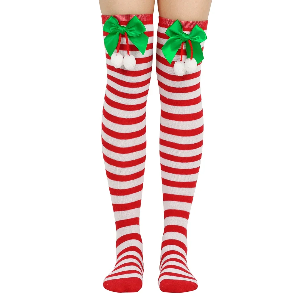 Halloween Christmas Party Stockings Women Girls Over Knee High Socks Red Green Striped Long Socks Xmas Decoration Ornaments