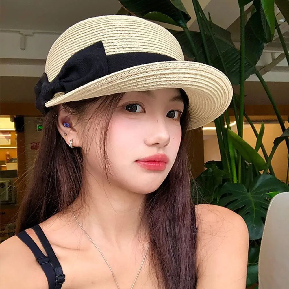 Gorro de paja tejido elegante Vintage, gorro de paja con lazo francés de verano, cúpula, protección solar, sombrero ecuestre para vacaciones