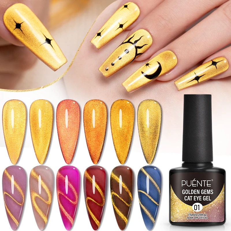 PUENTE Golden Gems Cat Magnetische Gel Nagellak Super Glanzend Goud Glitter Cat Eye Losweken UV/LED Semi-permanente Nail Art Vernis