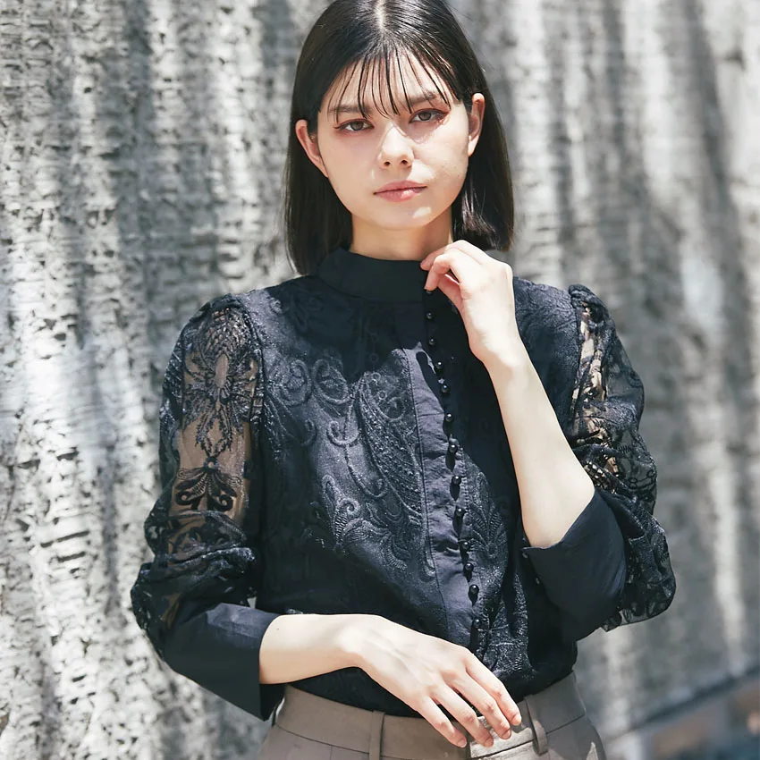 French Elegant Autumn Winter Lace Embroidery Blouses Tops Women Single Breasted Lantern Sleeve Black Female Sexy Shirt Mujer