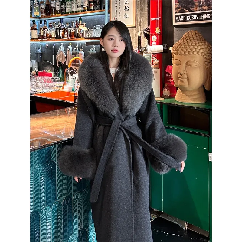 Double-sided woolen cashmere coat  women's autumn and winter 2025 new fox fur collar medium and long slim and thin lace-up coat