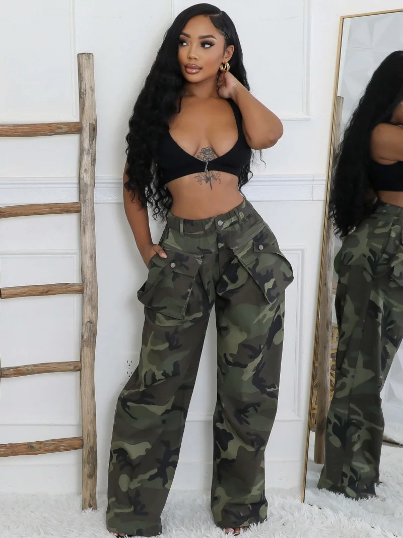 Streetwear Fashion Camouflage Trousers Spring Clothes Women High Waist Multi Pocket Straight Pants Female Casual Loose Camo Pant