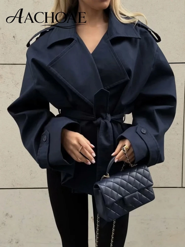 AACHOAE Women's Belted Cropped Trench Coat Double Lapel Long Sleeve Jacket Casual Short Windbreaker Outerwear