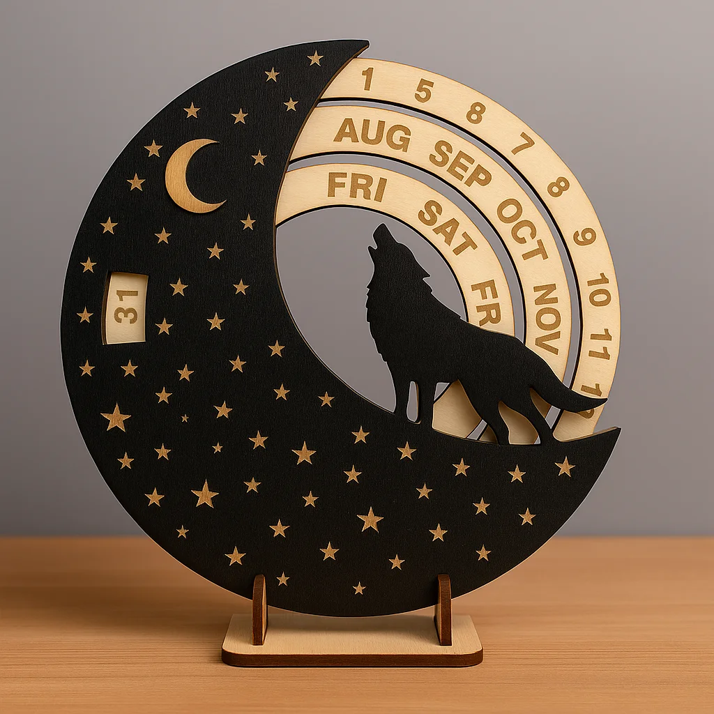 

Wooden Moon Wolf Perpetual Calendar Wall Hanging Circular Rotating Decorative Wooden Date Display For Home Office Ornament