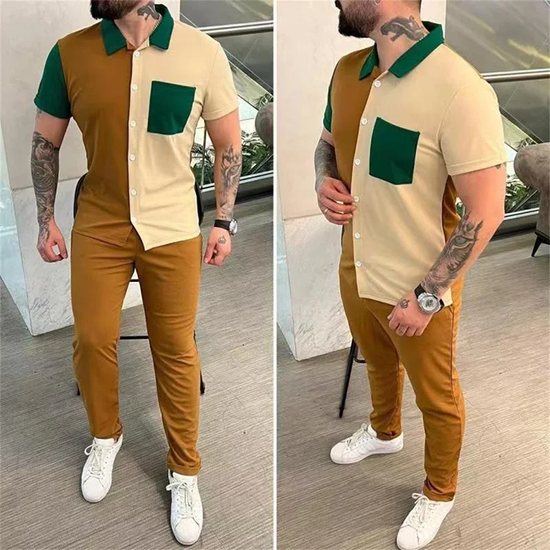 Sports Two Piece Set Mens Outfits Fashion Patchwork Shirt and Pants Suits Men Clothing Classic Style Tracksuits Casual Men Suits