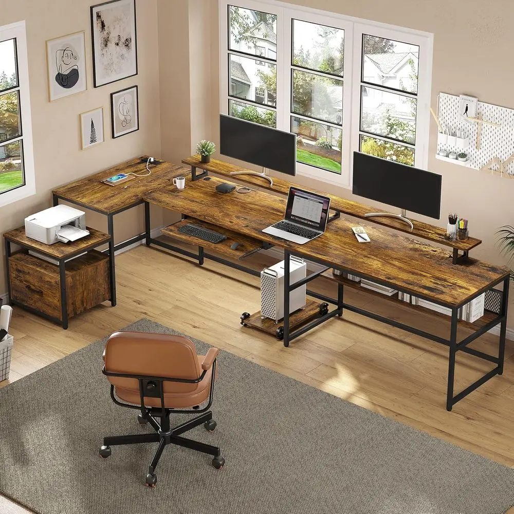 

Reversible L-Shaped Home Office Desk with File Drawer, Power Outlet, 101.5 Two-Person Computer Desk, Monitor Shelf, Keyboard Tra