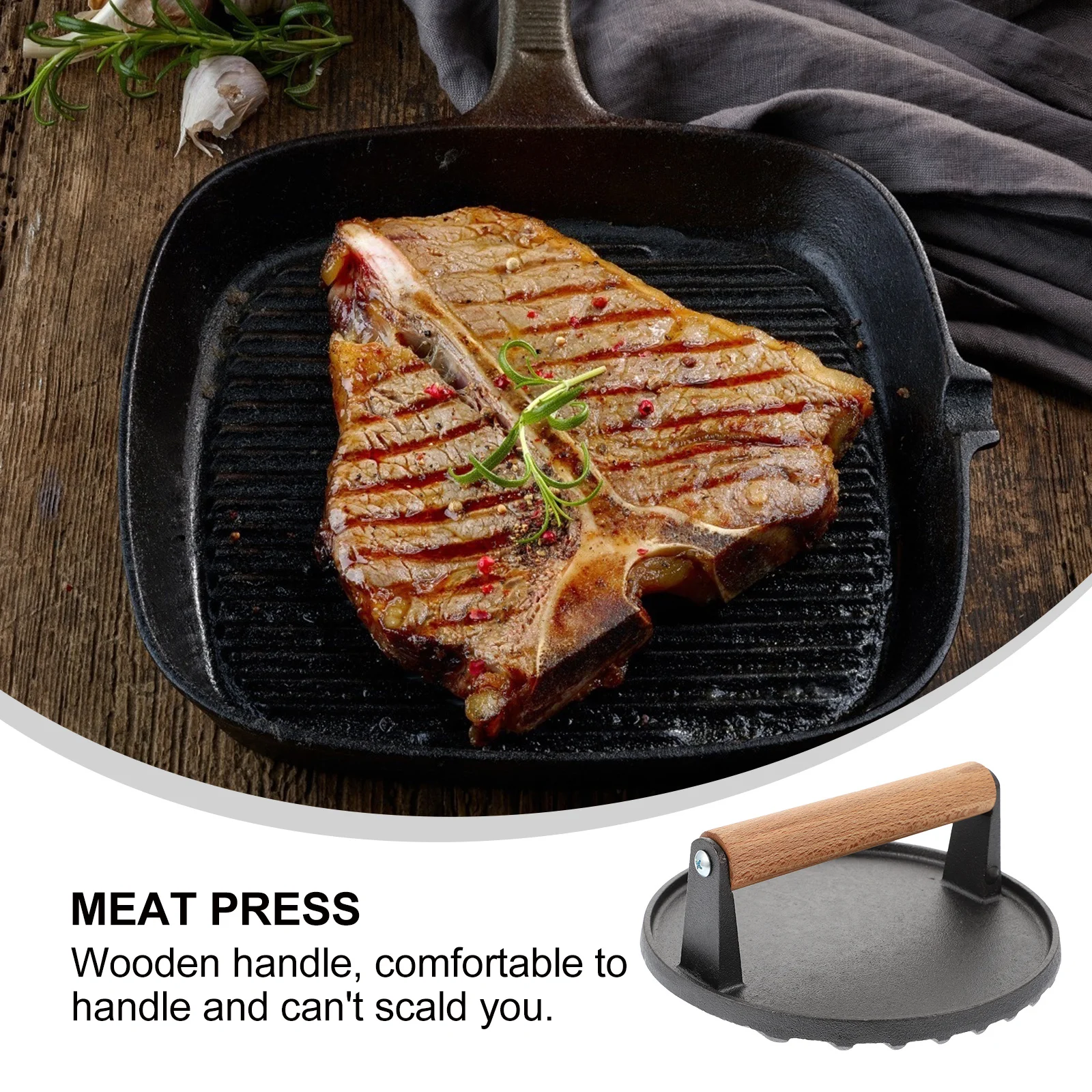 

Steel Press Board Meat Presser Ecofriendly Delicate Workmanship Smooth Surface No Burr Easy Carry Wooden Handle Lightweight