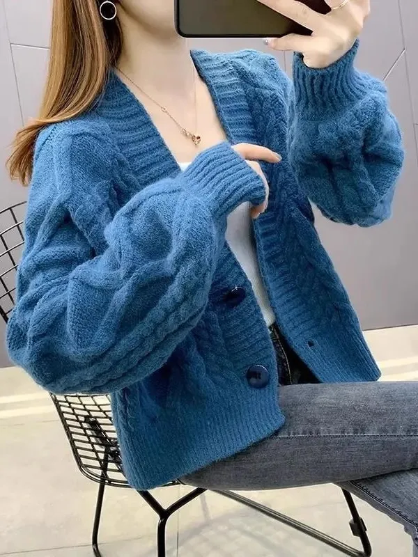 Fashionable Short Knitted Open Cardigan Women's Outerwear Trendy Shoulder Shawl Sweater Jacket Loose Fit Long Sleeve round Neck