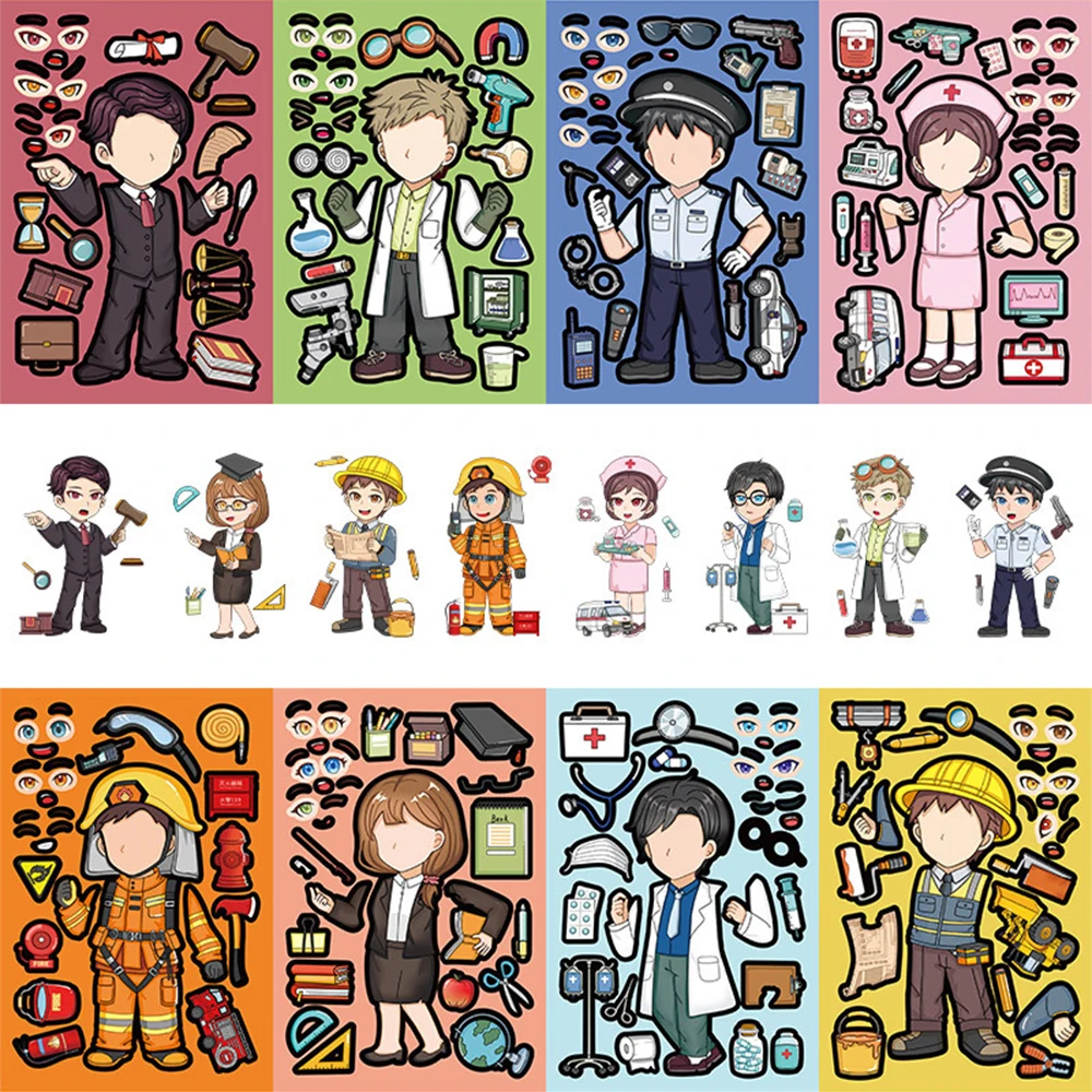 8/16sheets Different Career Dress Up Puzzle Stickers Cartoon Firefighter Engineer Make a Face Decals Funny Assemble Jigsaw Toys