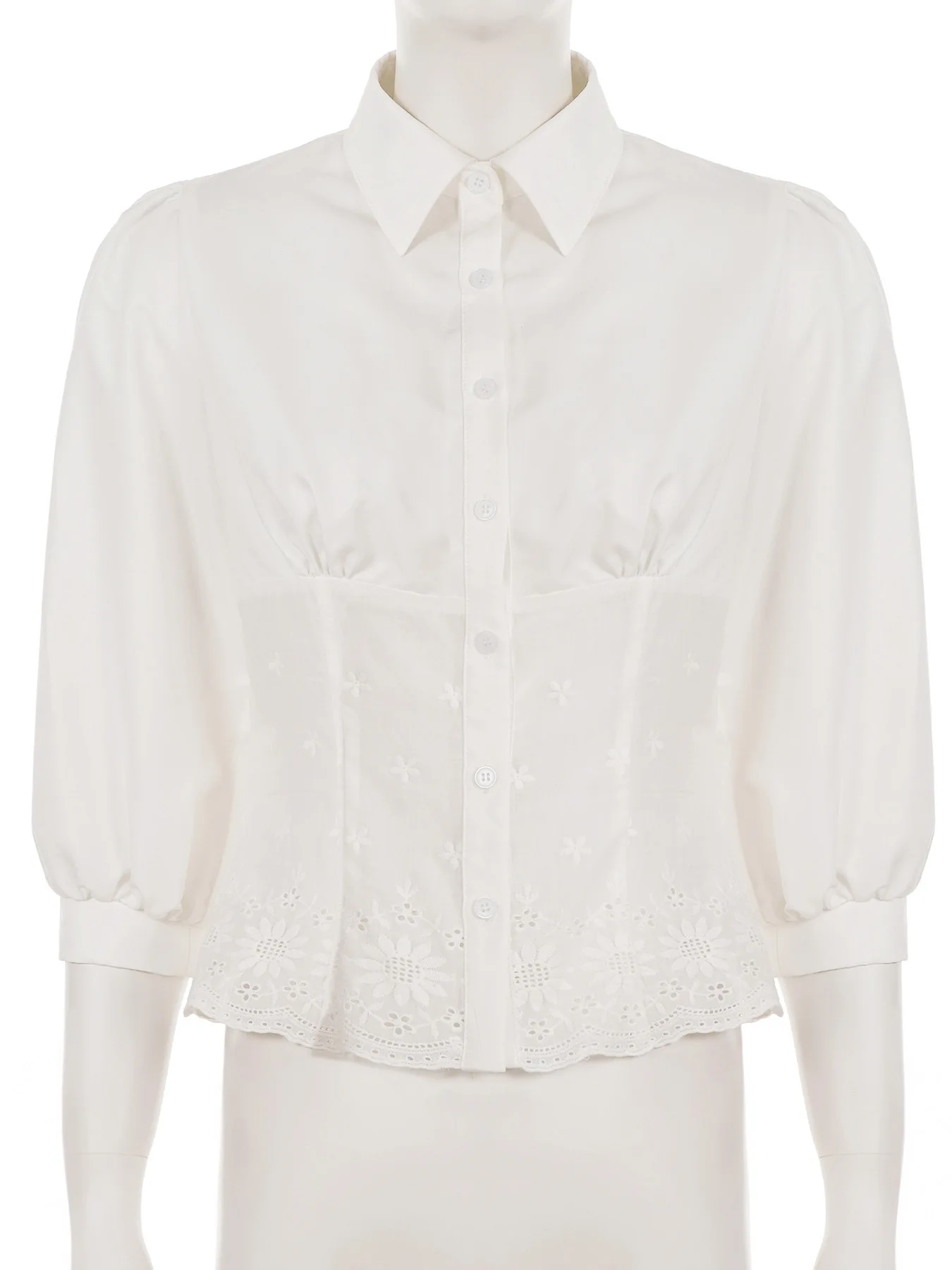 สไตล์ฝรั่งเศสย้อนยุคแขนโคมไฟลูกไม้ cinched เอว slimming design กลางแขนเสื้อผู้หญิง